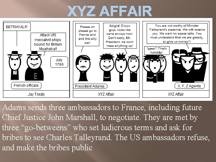 XYZ AFFAIR Adams sends three ambassadors to France, including future Chief Justice John Marshall,