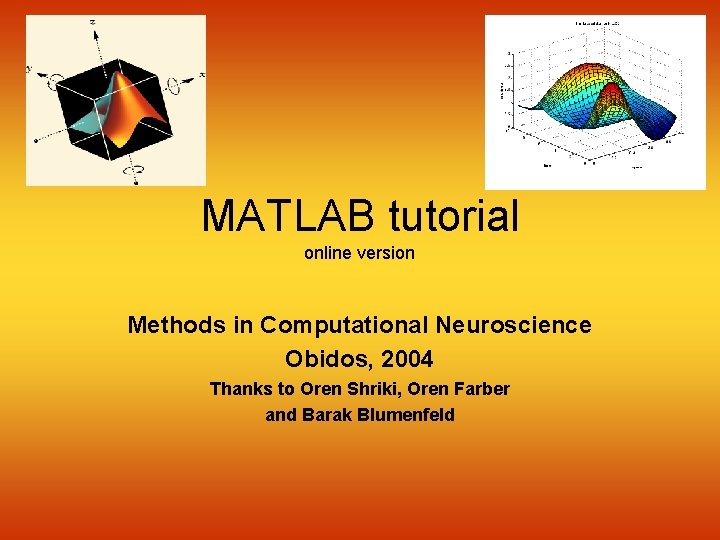 MATLAB tutorial online version Methods in Computational Neuroscience Obidos, 2004 Thanks to Oren Shriki,