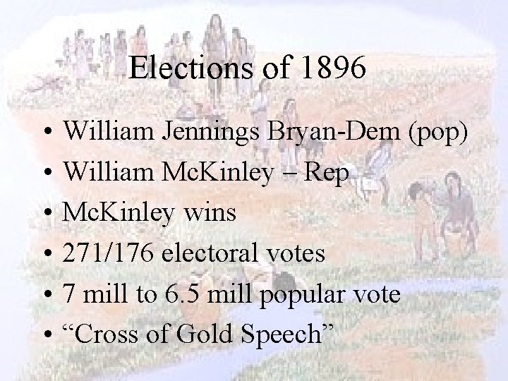 Elections of 1896 • • • William Jennings Bryan-Dem (pop) William Mc. Kinley –