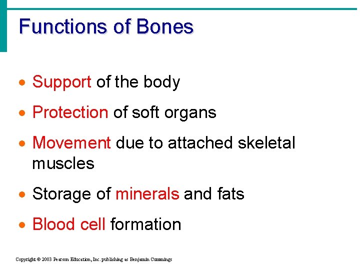 Functions of Bones · Support of the body · Protection of soft organs ·