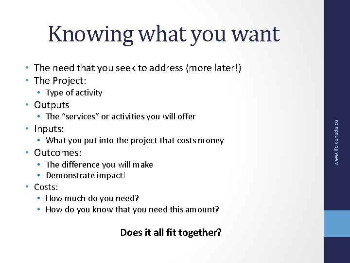 Knowing what you want • The need that you seek to address (more later!) Knowing what you want • The need that you seek to address (more later!)