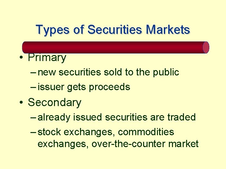 Types of Securities Markets • Primary – new securities sold to the public –