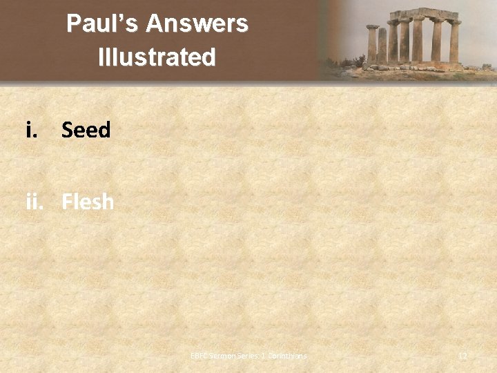 Paul’s Answers Illustrated i. Seed ii. Flesh EBFC Sermon Series: 1 Corinthians 12 