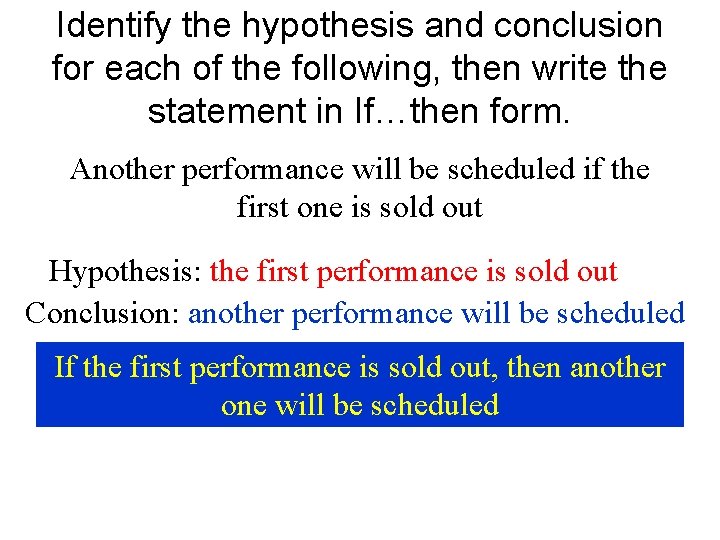 Identify the hypothesis and conclusion for each of the following, then write the statement