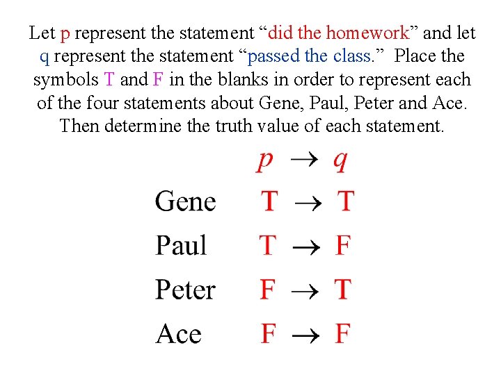 Let p represent the statement “did the homework” and let q represent the statement