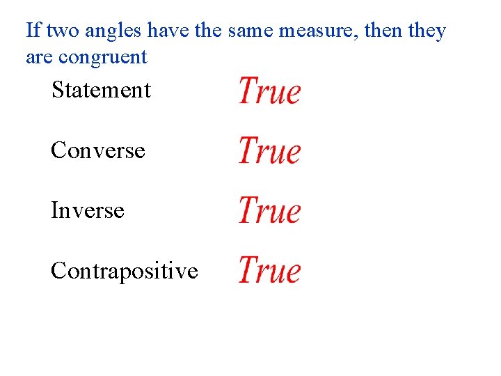 If two angles have the same measure, then they are congruent Statement Converse Inverse