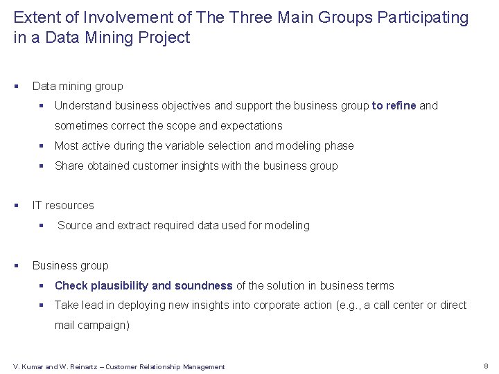 Extent of Involvement of The Three Main Groups Participating in a Data Mining Project