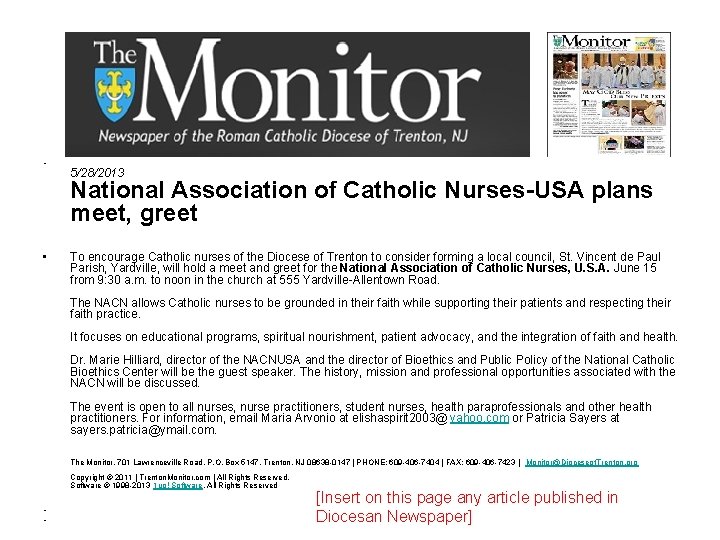 • 5/28/2013 National Association of Catholic Nurses-USA plans meet, greet • To encourage