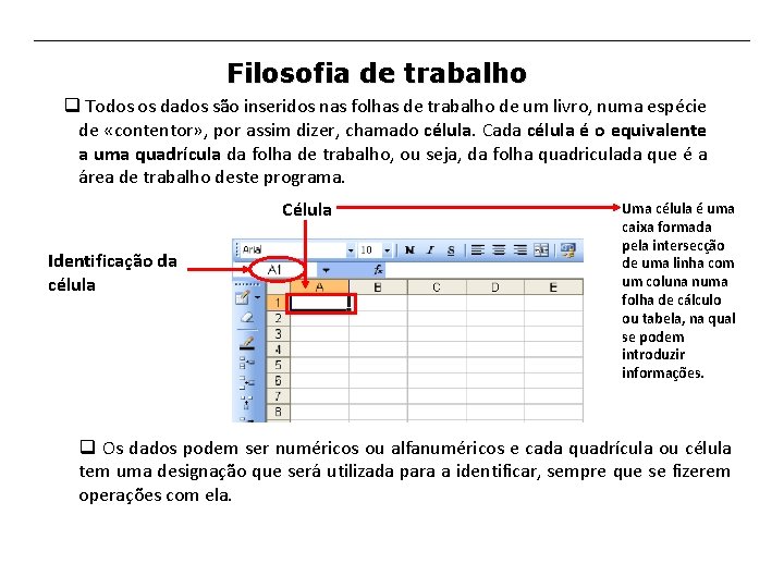 Filosofia de trabalho q Todos os dados são inseridos nas folhas de trabalho de