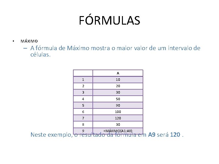 FÓRMULAS • MÁXIMO – A fórmula de Máximo mostra o maior valor de um