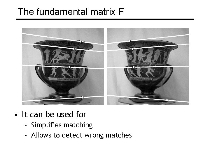 The fundamental matrix F • It can be used for – Simplifies matching –