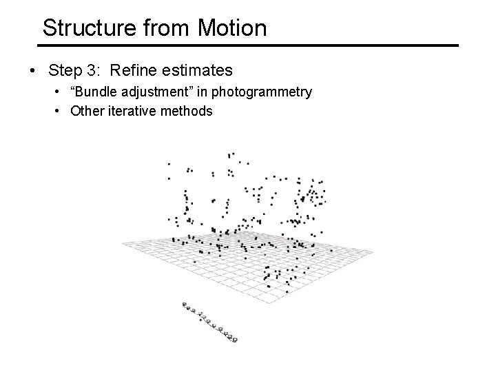 Structure from Motion • Step 3: Refine estimates • “Bundle adjustment” in photogrammetry •