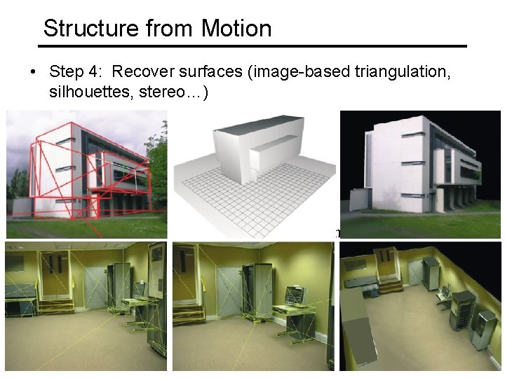 Structure from Motion • Step 4: Recover surfaces (image-based triangulation, silhouettes, stereo…) Good mesh