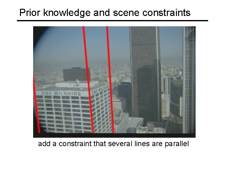 Prior knowledge and scene constraints add a constraint that several lines are parallel 