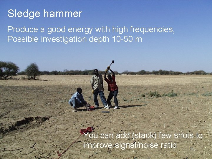 Sledge hammer Produce a good energy with high frequencies, Possible investigation depth 10 -50