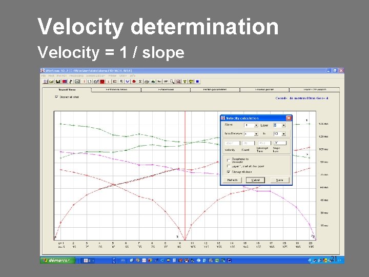 Velocity determination Velocity = 1 / slope 21 