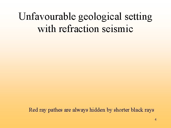 Unfavourable geological setting with refraction seismic Red ray pathes are always hidden by shorter