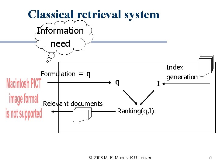 Classical retrieval system Information need Formulation = q Relevant documents q I Index generation Classical retrieval system Information need Formulation = q Relevant documents q I Index generation