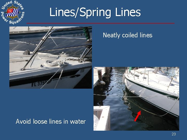 Lines/Spring Lines Neatly coiled lines Avoid loose lines in water 23 