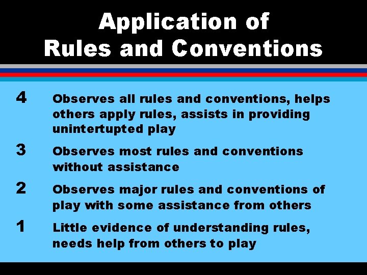 Application of Rules and Conventions 4 Observes all rules and conventions, helps others apply