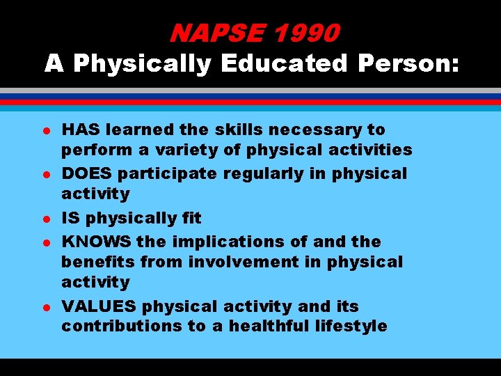 NAPSE 1990 A Physically Educated Person: l l l HAS learned the skills necessary