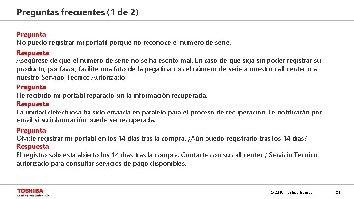 Preguntas frecuentes (1 de 2) Pregunta No puedo registrar mi portátil porque no reconoce