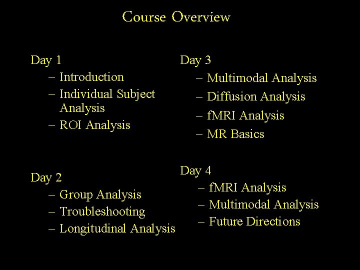Course Overview Day 1 – Introduction – Individual Subject Analysis – ROI Analysis Day