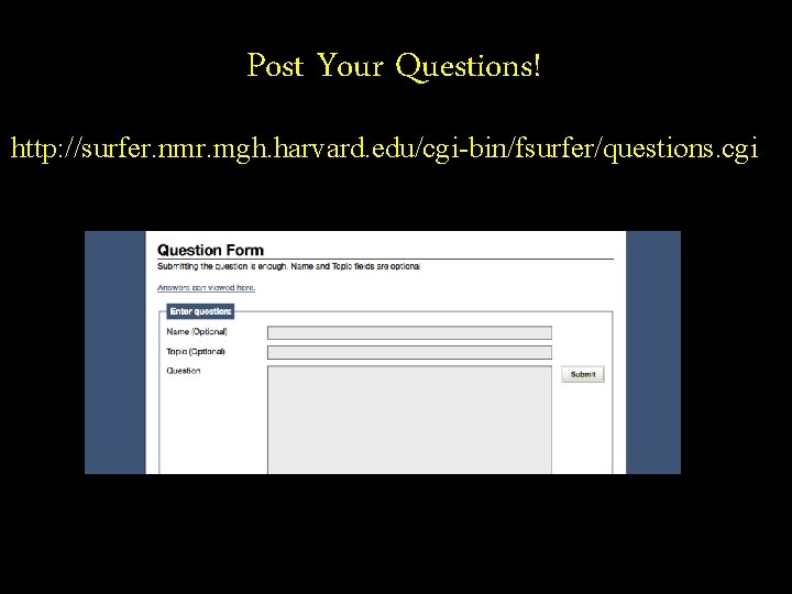 Post Your Questions! http: //surfer. nmr. mgh. harvard. edu/cgi-bin/fsurfer/questions. cgi 