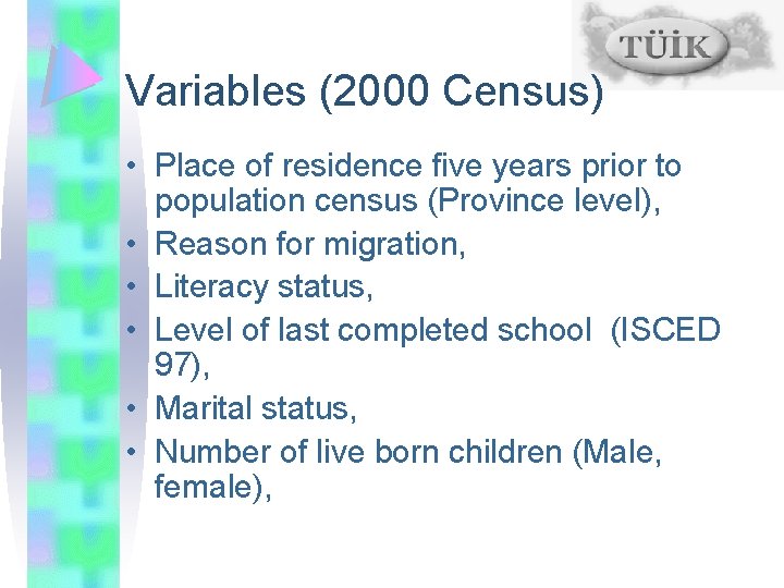 Variables (2000 Census) • Place of residence five years prior to population census (Province