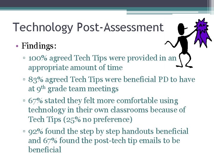 Technology Post-Assessment • Findings: ▫ 100% agreed Tech Tips were provided in an appropriate Technology Post-Assessment • Findings: ▫ 100% agreed Tech Tips were provided in an appropriate