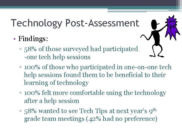Technology Post-Assessment • Findings: ▫ 58% of those surveyed had participated in one-one tech Technology Post-Assessment • Findings: ▫ 58% of those surveyed had participated in one-one tech