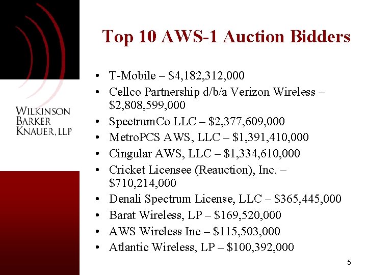 Top 10 AWS-1 Auction Bidders • T-Mobile – $4, 182, 312, 000 • Cellco