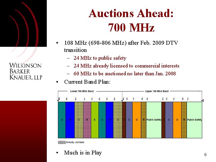 Auctions Ahead: 700 MHz • 108 MHz (698 -806 MHz) after Feb. 2009 DTV