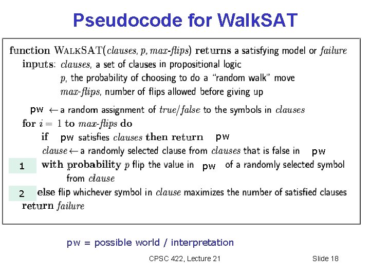 Pseudocode for Walk. SAT pw pw 1 pw 2 pw = possible world / Pseudocode for Walk. SAT pw pw 1 pw 2 pw = possible world /