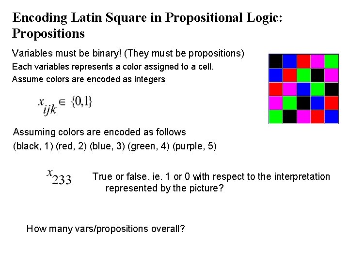 Encoding Latin Square in Propositional Logic: Propositions Variables must be binary! (They must be Encoding Latin Square in Propositional Logic: Propositions Variables must be binary! (They must be