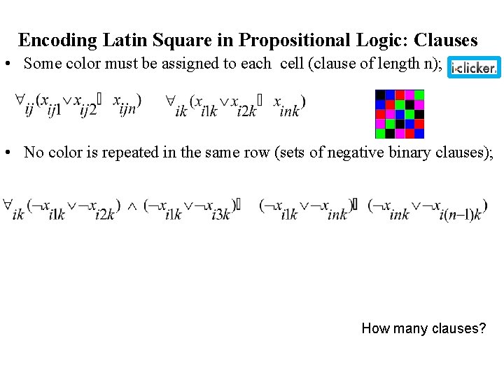 Encoding Latin Square in Propositional Logic: Clauses • Some color must be assigned to Encoding Latin Square in Propositional Logic: Clauses • Some color must be assigned to