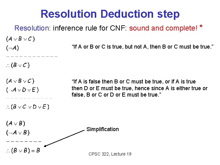 Resolution Deduction step Resolution: inference rule for CNF: sound and complete! * “If A Resolution Deduction step Resolution: inference rule for CNF: sound and complete! * “If A