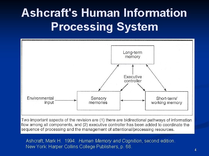 Ashcraft's Human Information Processing System Ashcraft, Mark H. 1994. Human Memory and Cognition, second