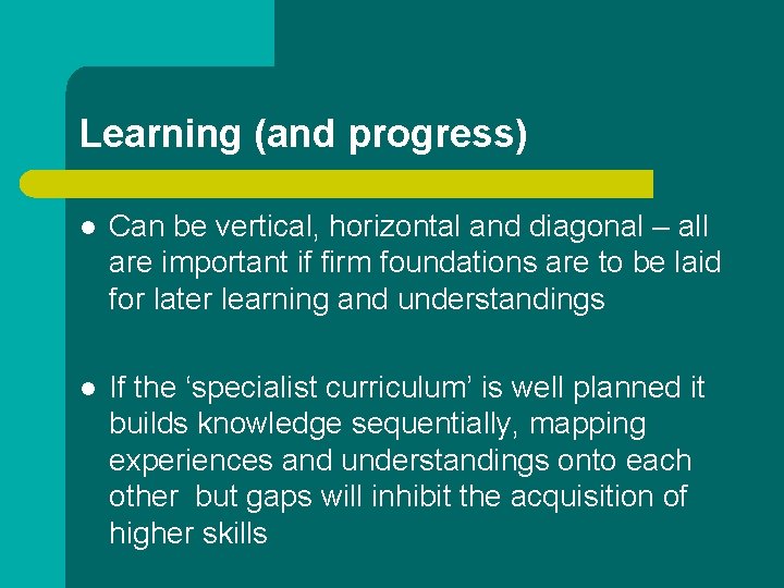 Learning (and progress) l Can be vertical, horizontal and diagonal – all are important Learning (and progress) l Can be vertical, horizontal and diagonal – all are important