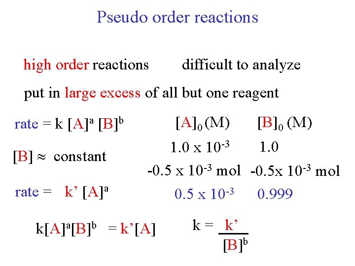 Pseudo order reactions high order reactions difficult to analyze put in large excess of