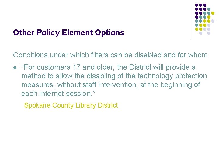 Other Policy Element Options Conditions under which filters can be disabled and for whom