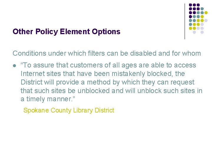 Other Policy Element Options Conditions under which filters can be disabled and for whom