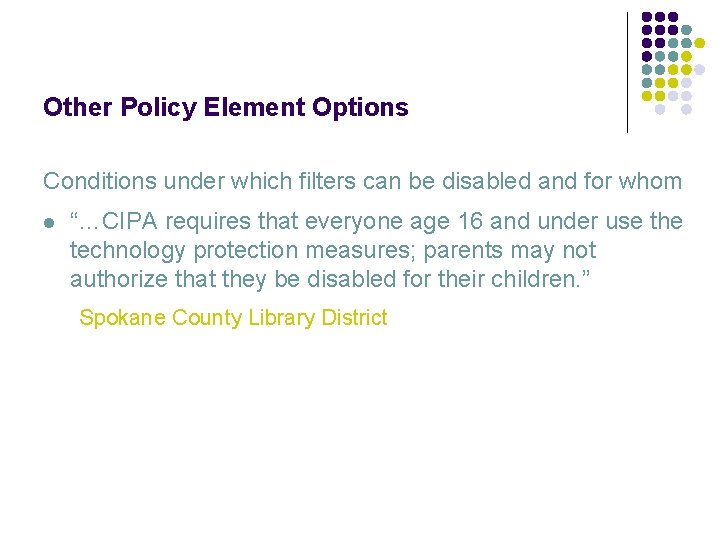 Other Policy Element Options Conditions under which filters can be disabled and for whom