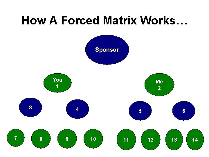 How A Forced Matrix Works… Sponsor You 1 Me 2 3 7 4 8