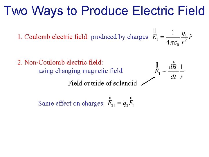 Two Ways to Produce Electric Field 1. Coulomb electric field: produced by charges 2. Two Ways to Produce Electric Field 1. Coulomb electric field: produced by charges 2.