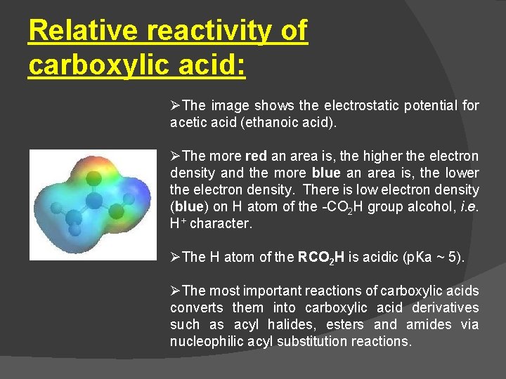 Relative reactivity of carboxylic acid: ØThe image shows the electrostatic potential for acetic acid