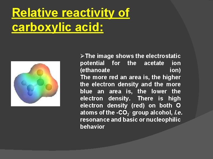 Relative reactivity of carboxylic acid: ØThe image shows the electrostatic potential for the acetate