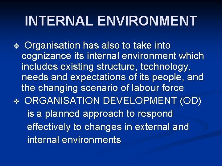 INTERNAL ENVIRONMENT Organisation has also to take into cognizance its internal environment which includes