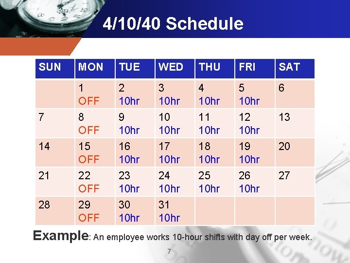 4/10/40 Schedule SUN MON TUE WED THU FRI SAT 1 OFF 2 10 hr