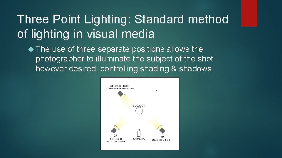Three Point Lighting: Standard method of lighting in visual media The use of three